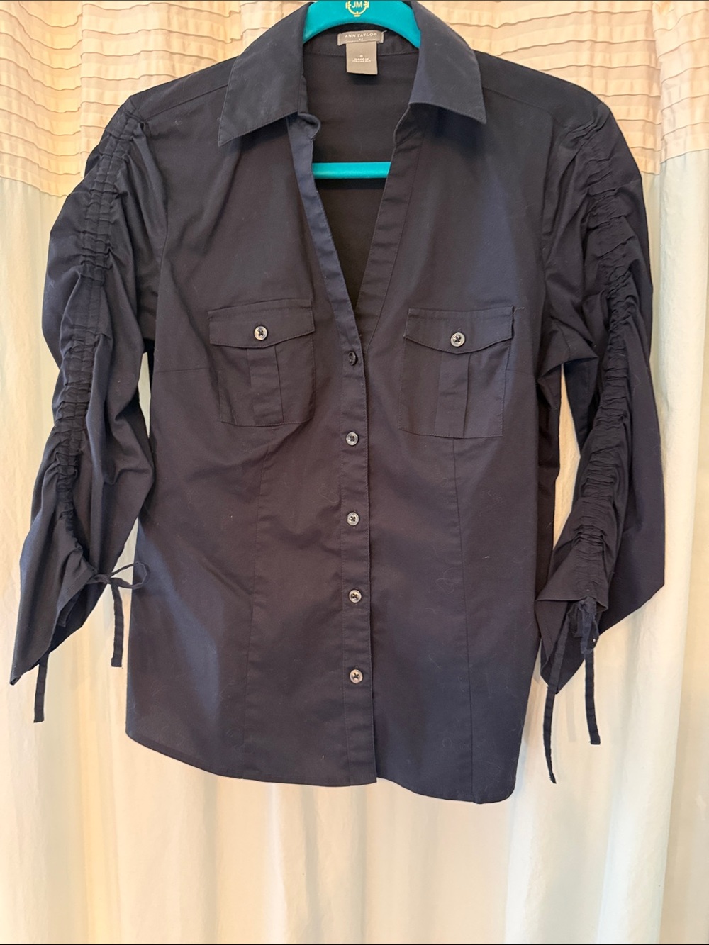 Ann Taylor Navy Button-Front Shirt with Ruched Tie Sleeves